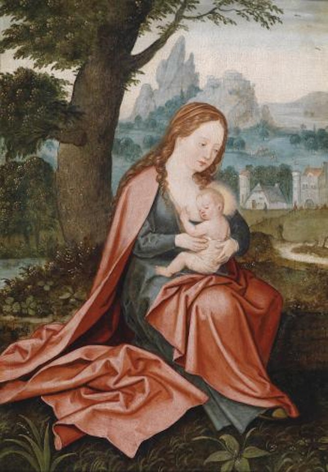The Virgin with the Christ Child in a wide landscape by Joachim Patenier