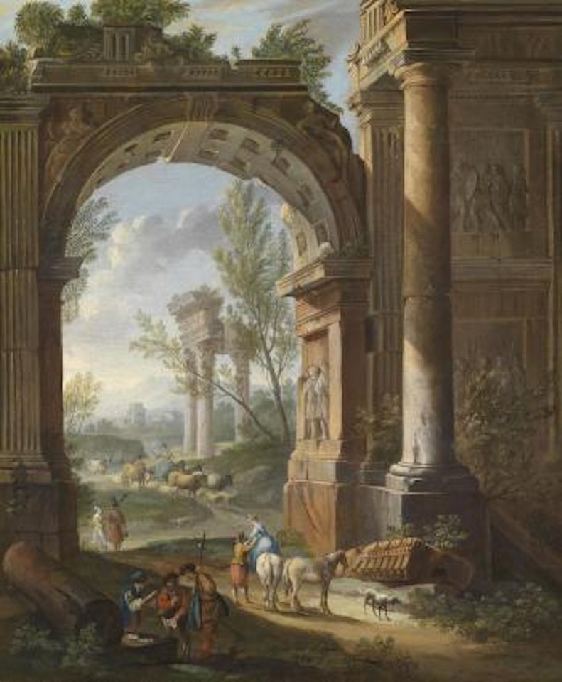 Shepherds and resting soldiers before an ancient city gate by Giacomo van Lint