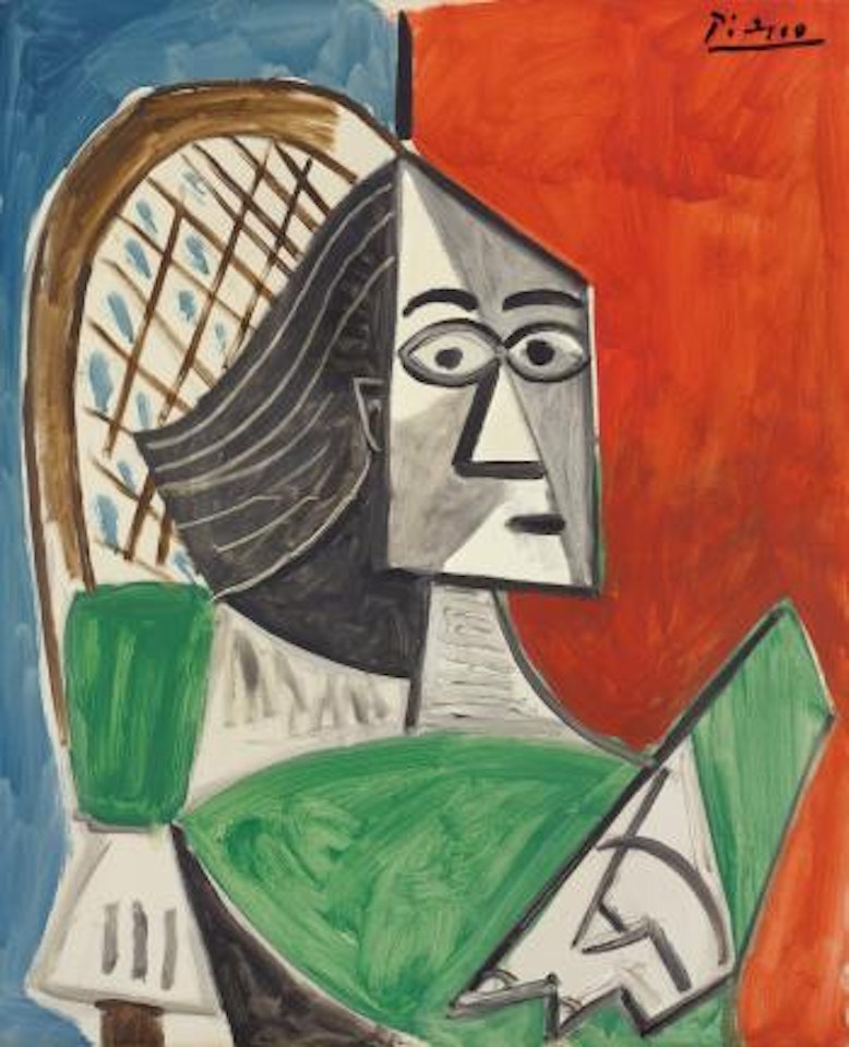 Femme Assise Sur Fond Bleu-rouge by Pablo Picasso