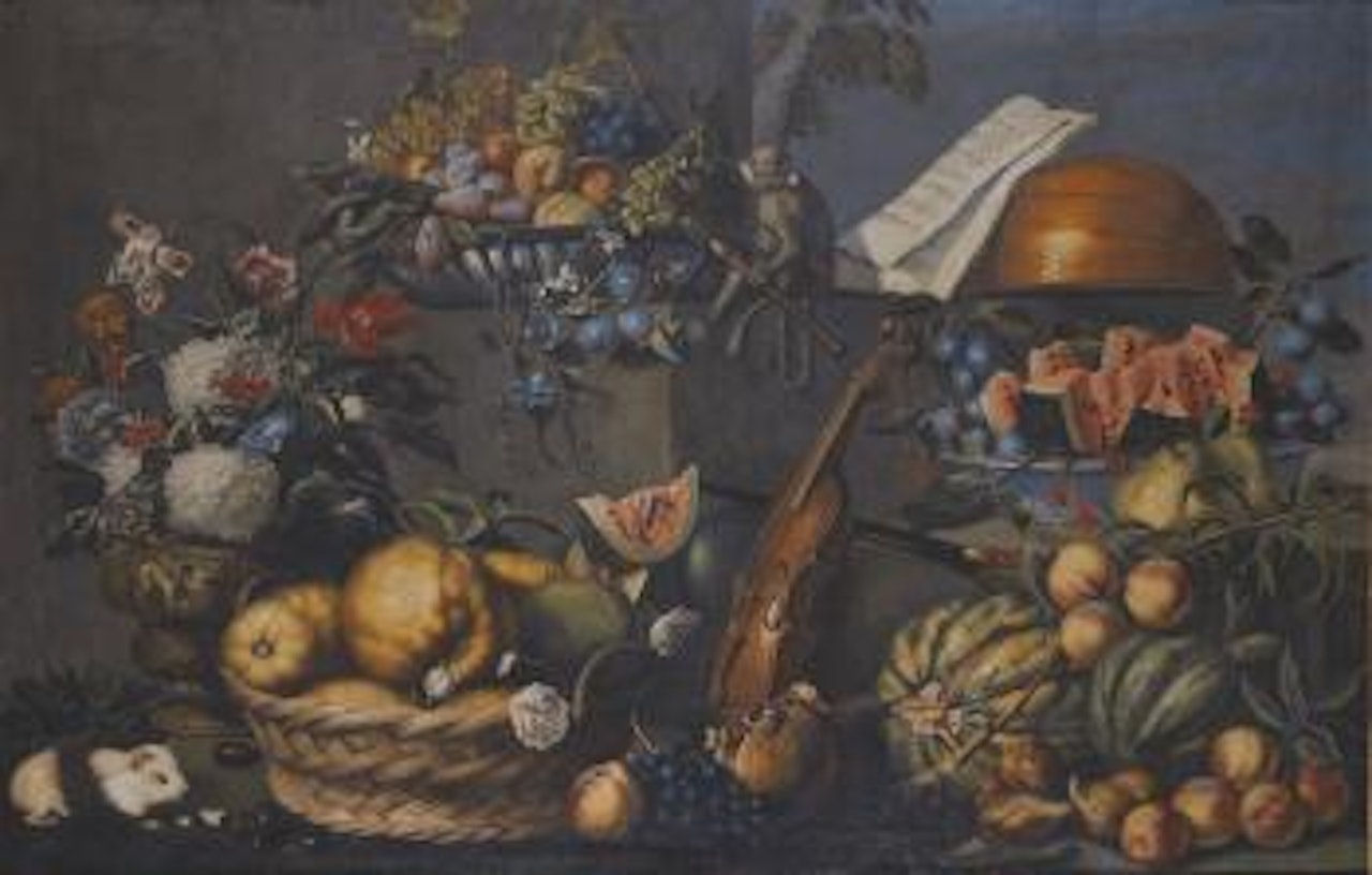 A Still Life With Various Fruits In a Basket And On a Ledge, Flowers In a Vase, Musical Instruments And a Monkey With a Flute by French School