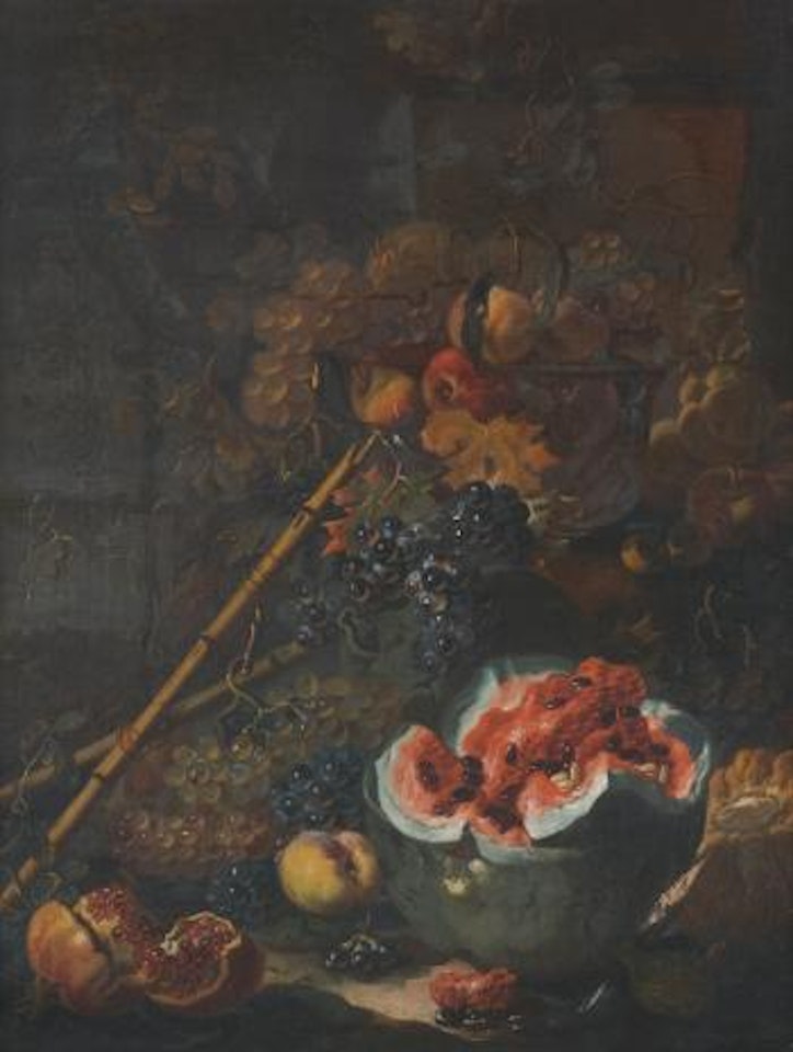 A Still Life With a Watermelon, Grapes, Pomegranates And Other Fruits On a Ledge by Roman School
