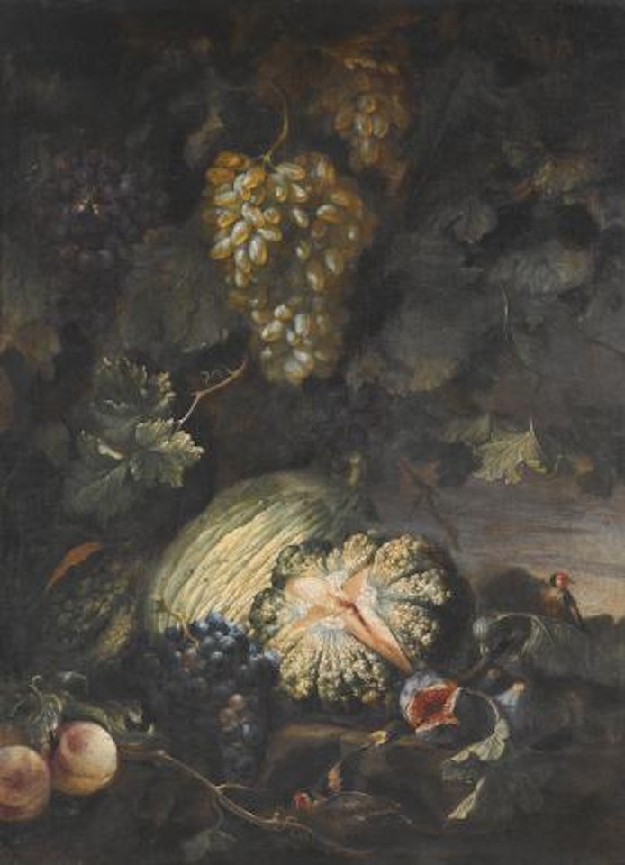 A Still Life With Melons, Figs, Grapes And Birds On a Forest Floor by Roman School
