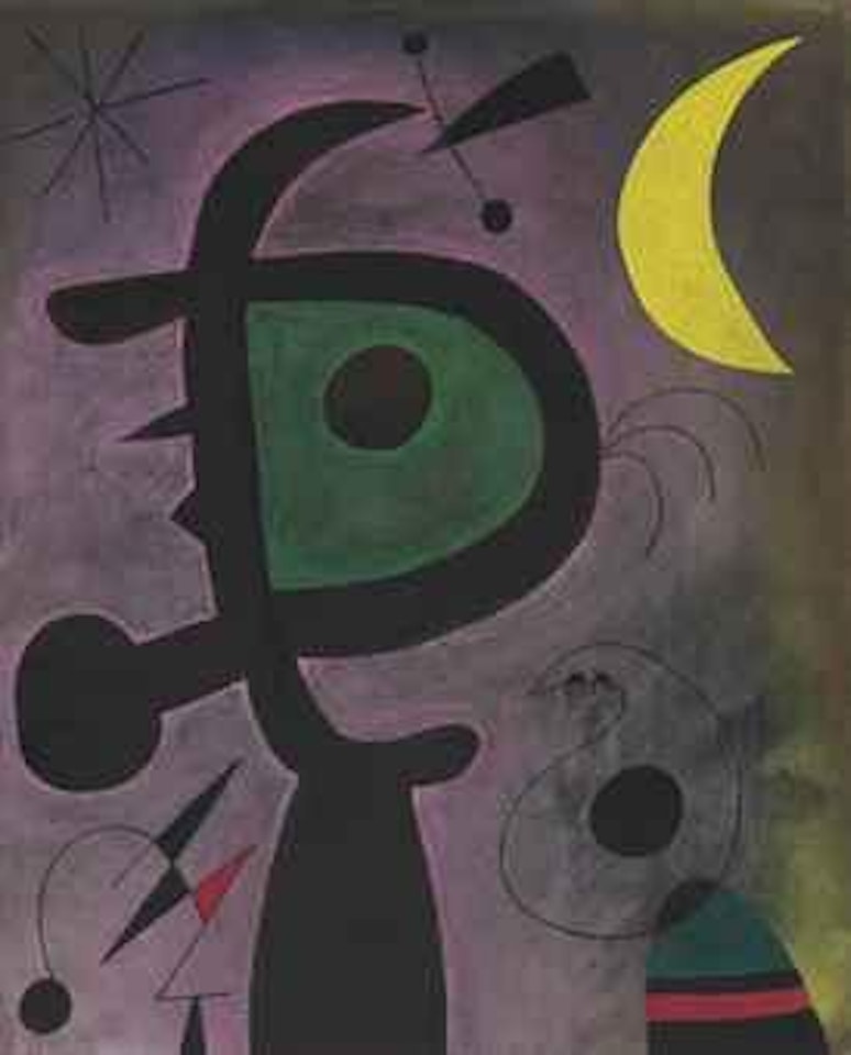 L'arête rouge transperce les plumes bleues de l'oiseau au pâle bec by Joan Miró