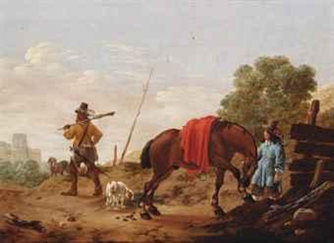 A landscape with huntsmen, a horse and dogs near a fence by Pieter Cornelisz Verbeeck