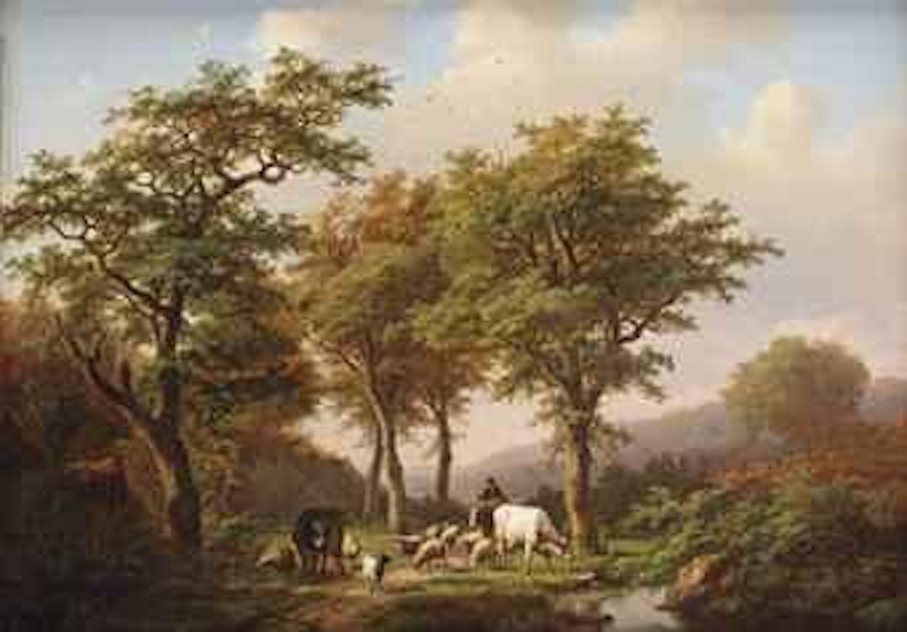 A wooded landscape with a herdsman and his cattle on a track by Alexander Joseph Daiwaille by Eugène Joseph Verboeckhoven