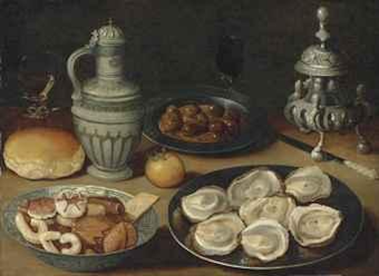 Sweetmeats in a Wanli kraak porcelain bowl, oysters and olives on pewter platters, a roll, an orange, a stoneware jug, a roemer and other vessels on a stone ledge by Osias Beert
