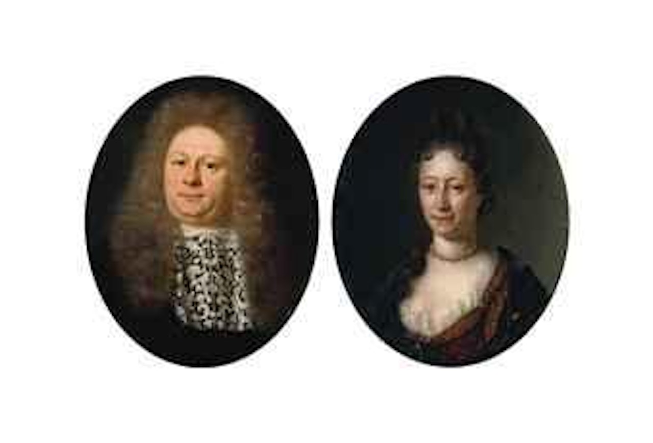 Portrait of a gentleman, bust-length, in a black costume with a white lace jabot; and Portrait of a lady, bust-length, in a yellow dress with a blue wrap, a pearl necklace and pearl strings in her hair by Willem van Mieris