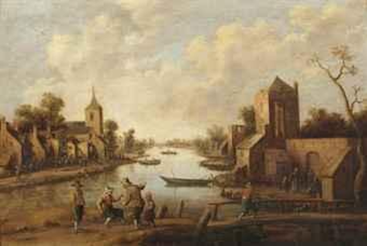 A village near a river, figures in the foreground by Joost Cornelisz Droochsloot