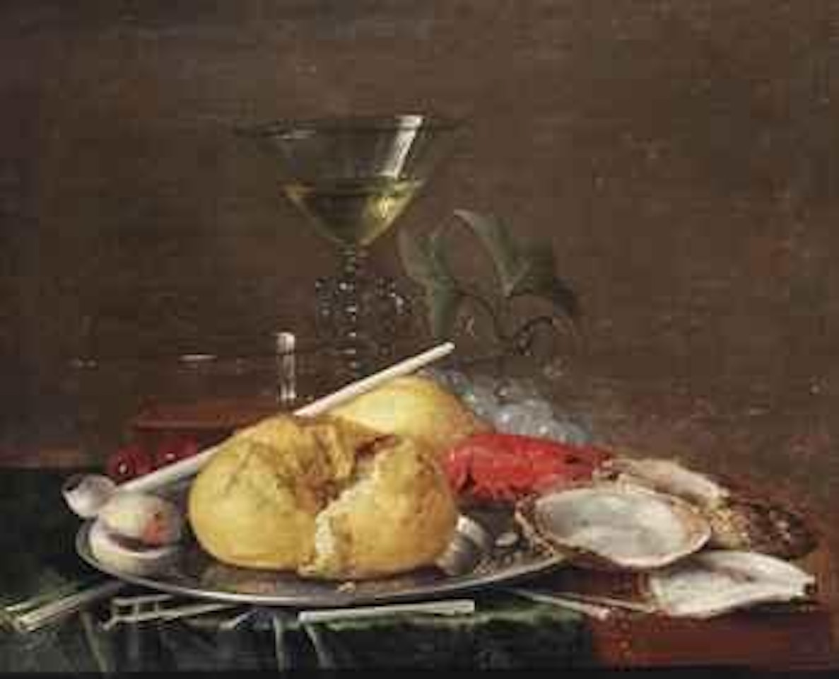 A Façon-de-Venise wine glass, a glass of beer, cherries, a bread roll, an apricot, a clay pipe and a crayfish on a pewter plate, with grapes, oysters and kindling on a partially draped wooden table by Jan Davidsz de Heem
