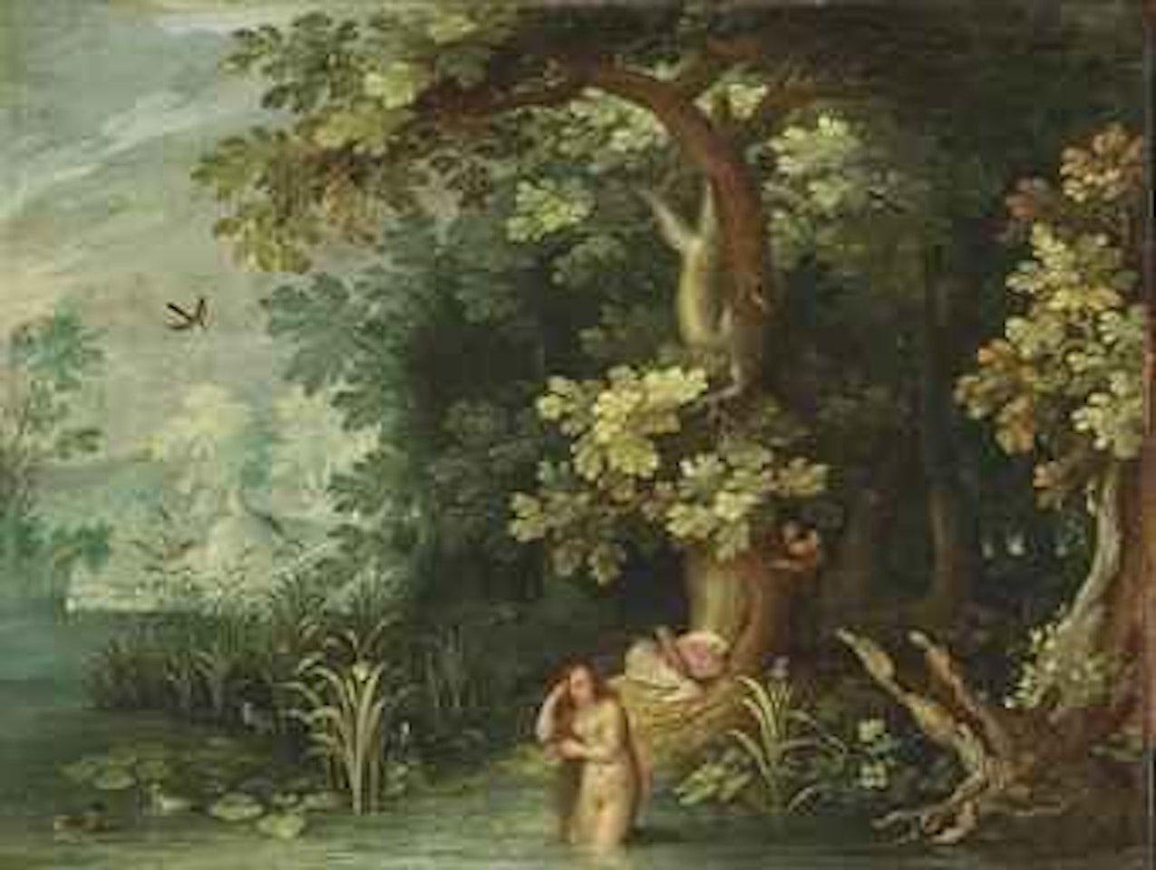 Diana bathing in a woodland pool, being spied upon by two satyrs from behind a tree by Abraham Govaerts