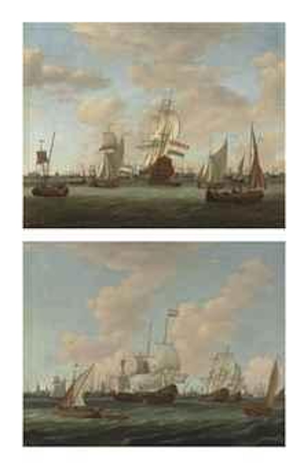 Dutch shipping in choppy waters, a port beyond; and A Dutch man-o'-war and other vessels in choppy waters, the port of Amsterdam beyond by Abraham Storck