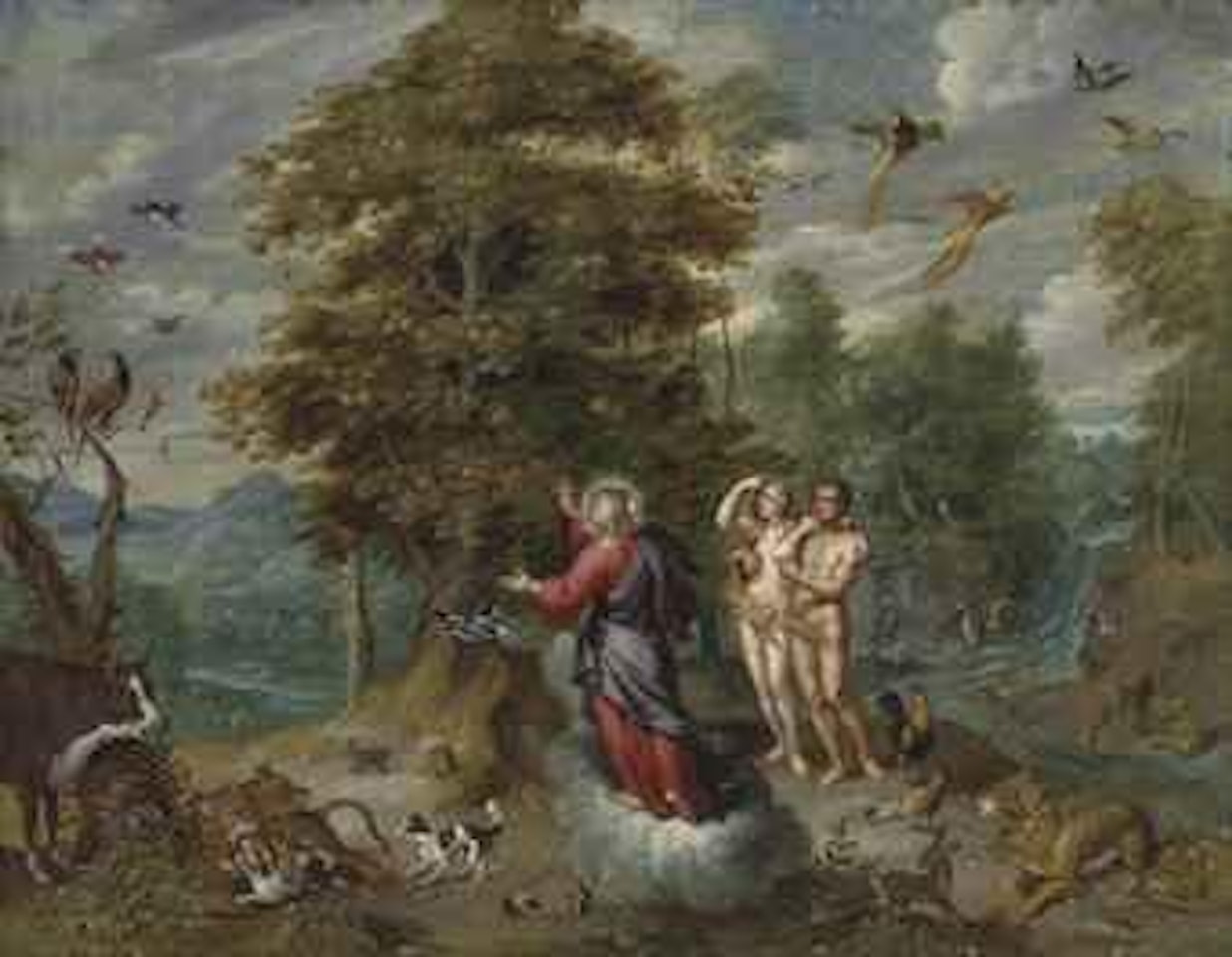 A wooded landscape with God showing Adam and Eve the Tree of Knowledge, surrounded by animals by Jan Brueghel the Younger