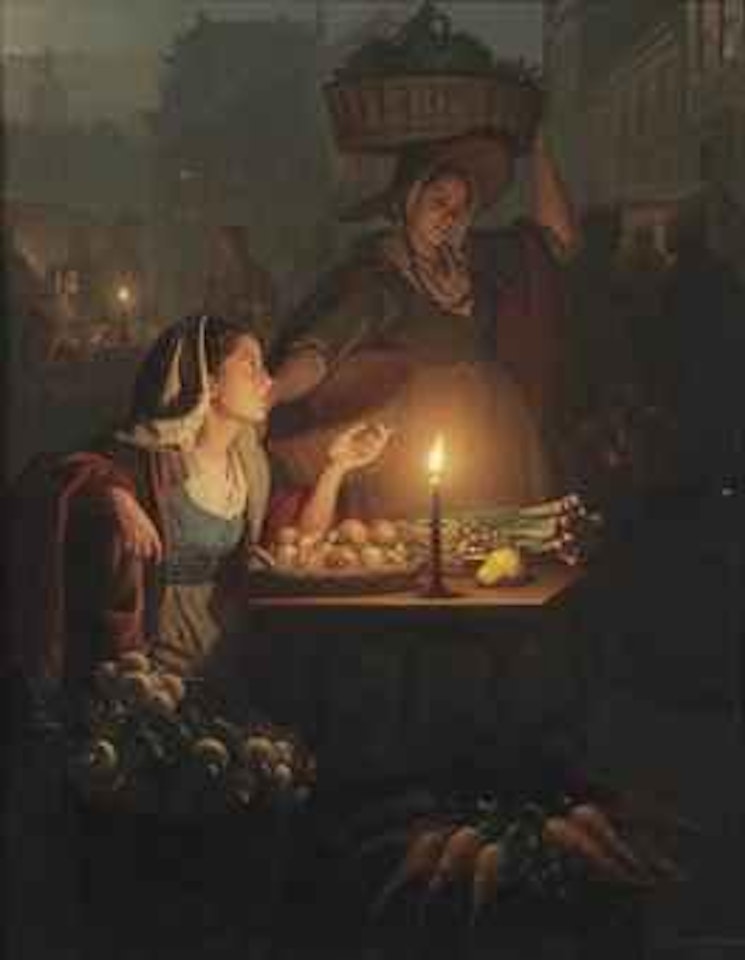 A busy night market with a vegetable stall by Petrus van Schendel