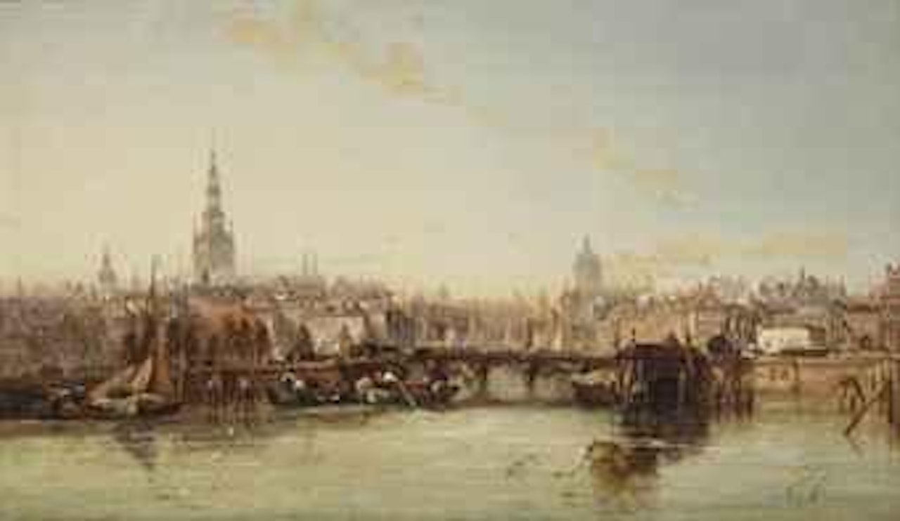 A view of the Damrak with the townhall, the Nieuwe Kerk and the Oude Kerk, Amsterdam by James Webb