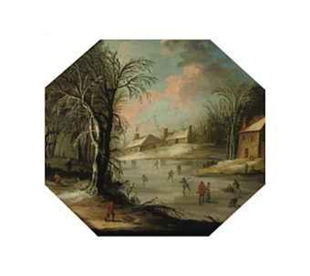 A winter landscape with figures skating and sleighing and peasants gathering wood by Flemish School