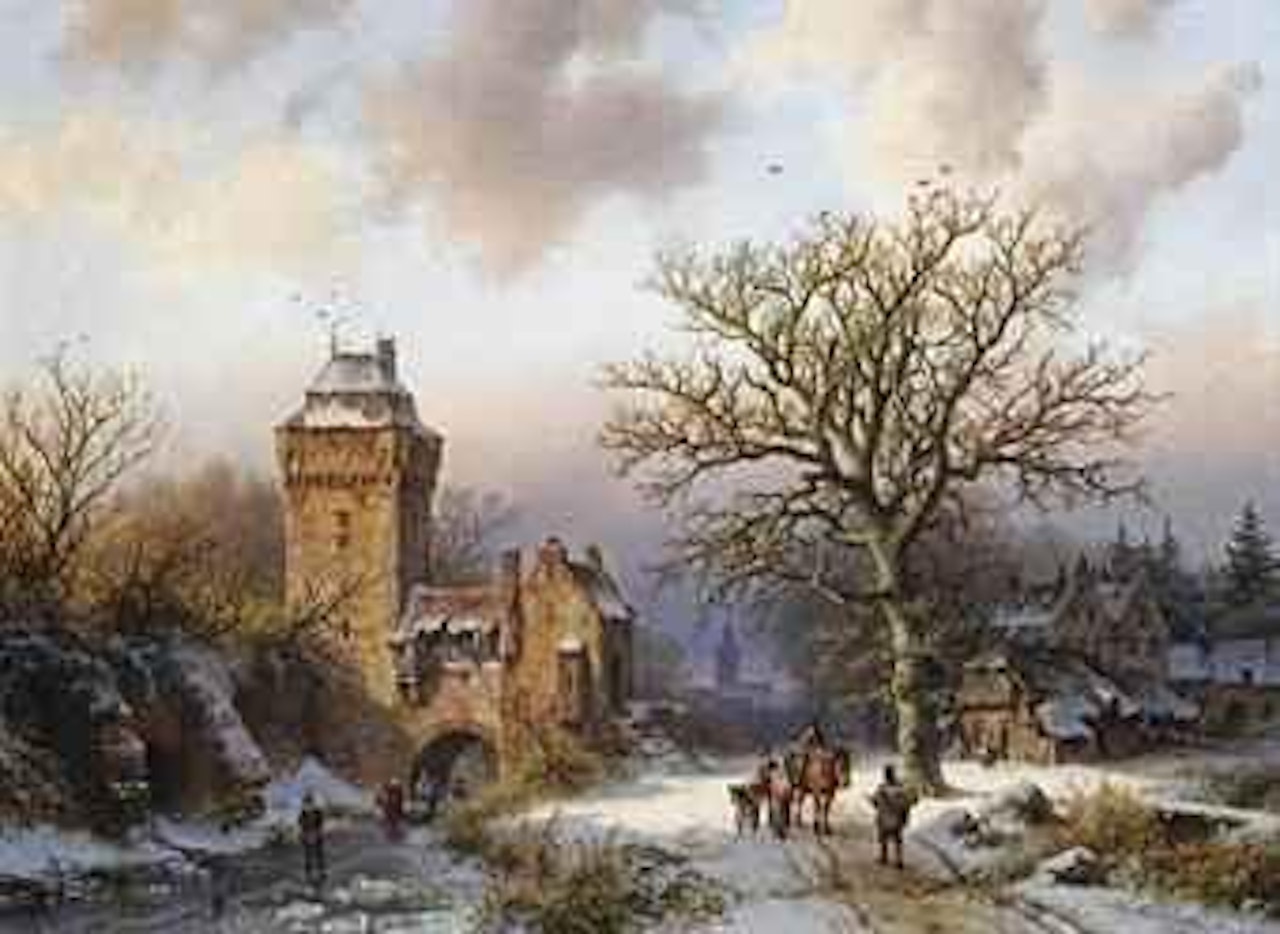 A winter landscape with figures conversing on a snowy path and skaters on a frozen canal at the entrance of a fortified tower by Barend Cornelis Koekkoek