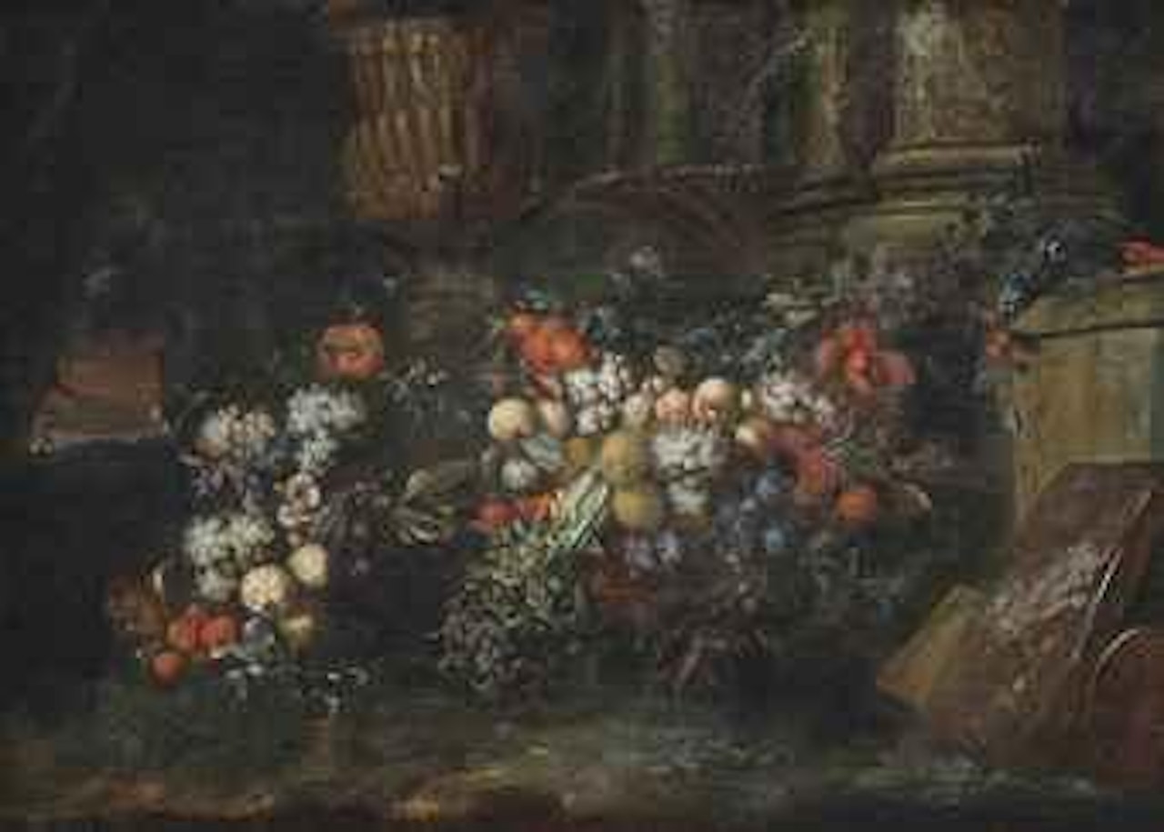 Grapes, plums, pomegranates, oranges and other fruit with a parrot among classical ruins in a landscape by Jan Pauwel Gillemans