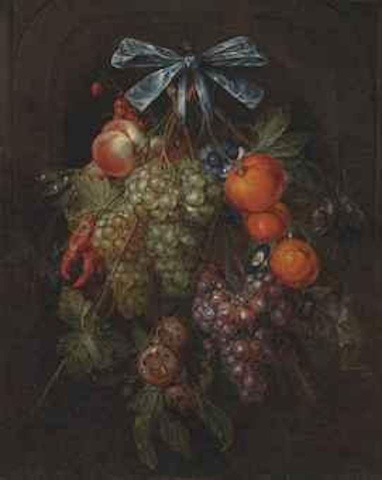 A swag of grapes, peaches, tangerines, chillies, morning glory, blackberries and other fruits hanging from a bow, in a stone niche by Cornelis de Heem