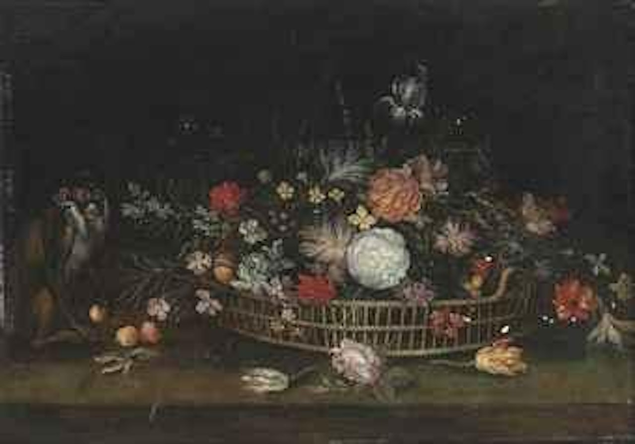 Roses, tulips, carnations and other flowers in a woven basket, and a monkey holding an apple, on a stone ledge by Jan Brueghel by Jan Van Kessel The Elder