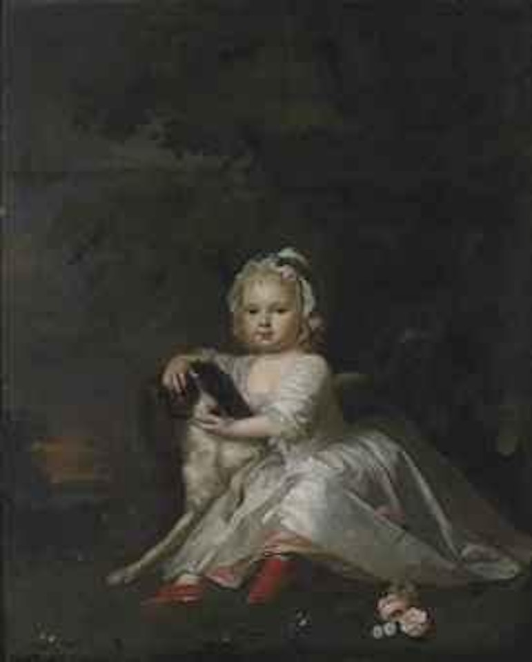 Portrait of Catherine Legge (1741-1819), as a child, seated full-length, in a white dress and cap, with a spaniel, in a landscape by Thomas Hudson