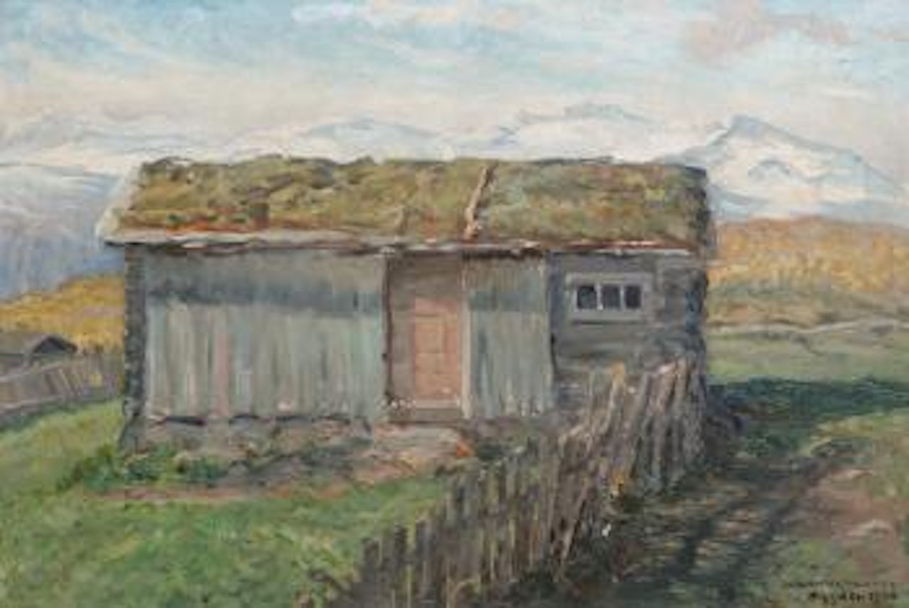 Fjällvy med stuga - Jotunheimen, Norge by Anshelm Schultzberg