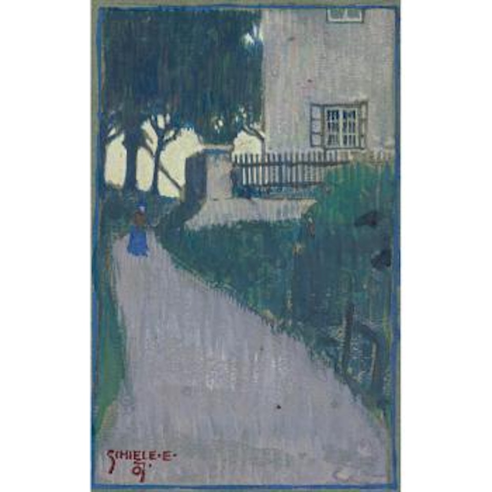 Landschaft Mit Haus Baeumen, Und Weiblicher Figur (Landscape With House, Trees And Female Figure) by Egon Schiele