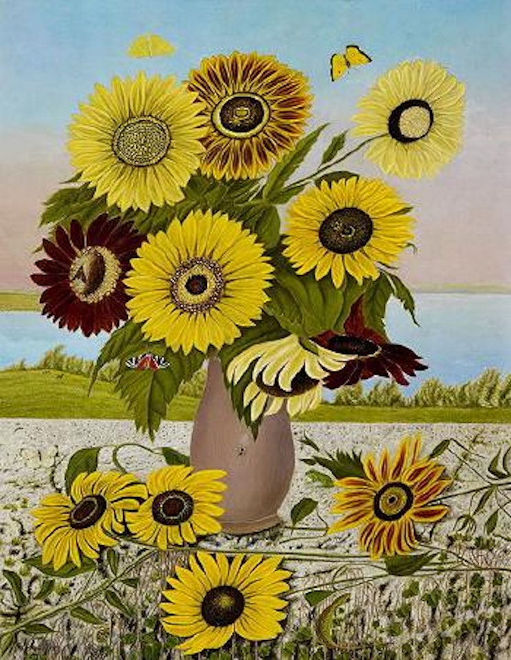 Sonnenblumenstrauss vor Seelandschaft by Adolf Dietrich