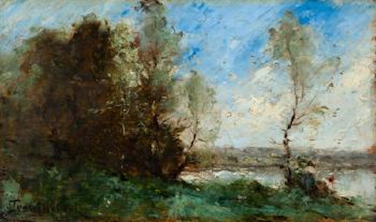 Baumbestandenes Flussufer mit Figurenstaffage by Paul Désiré Trouillebert