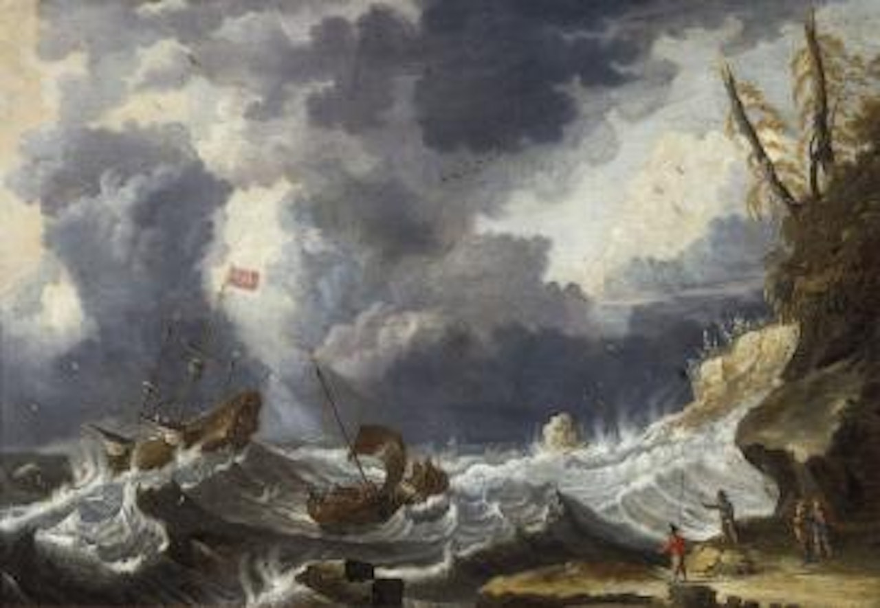Bateaux sur une mer tourmentée près d'une côte rocheuse by Flemish School  by Cornelis Mahu by Pieter van de Velde