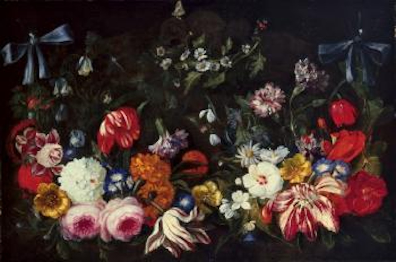 An zwei blauen Schleifen aufgehängte Blumengirlande by Flemish School