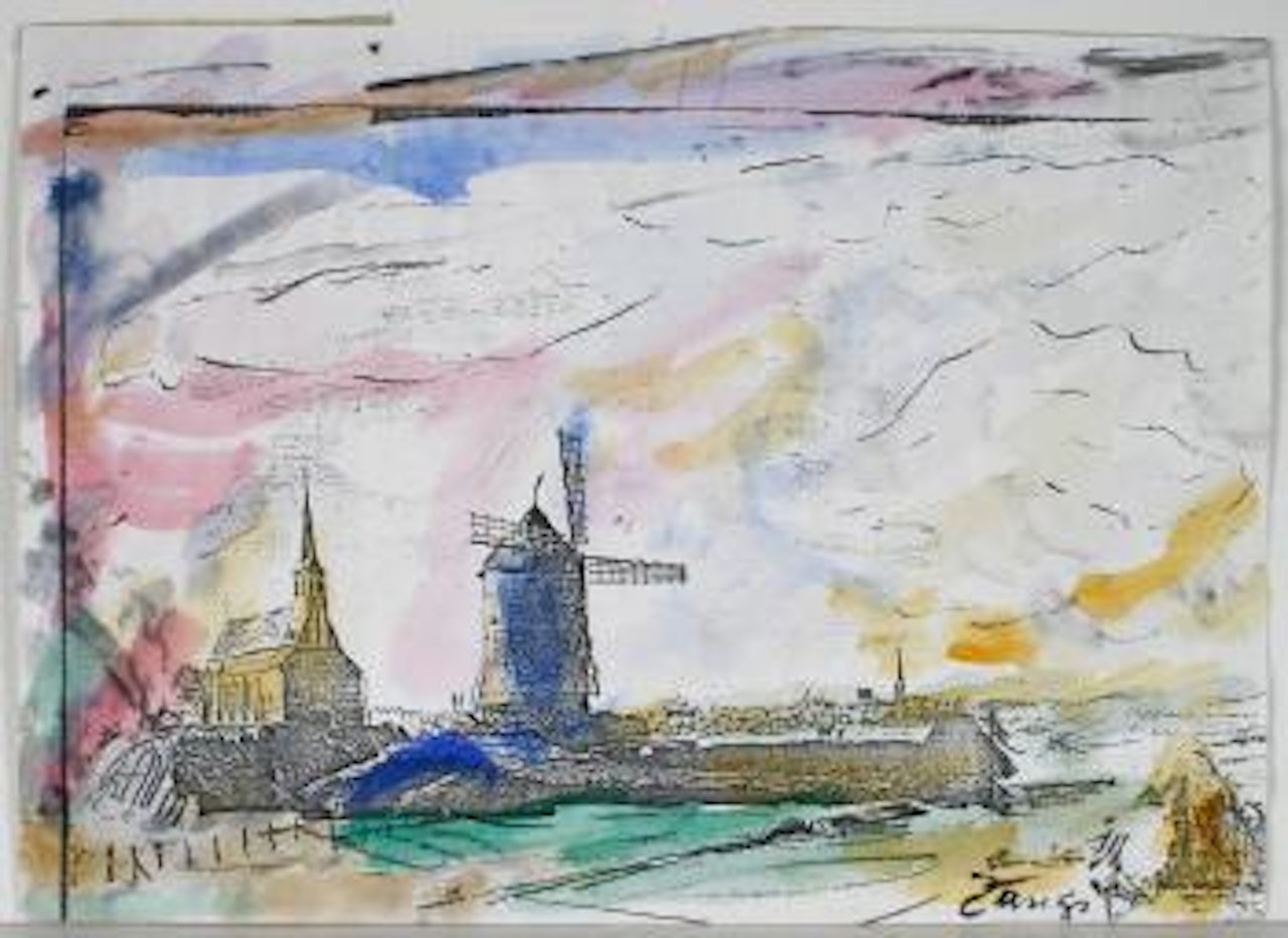 Aquarellierte Fotokopie einer niederländischen Stadtansicht auf Velin by Herbert Zangs