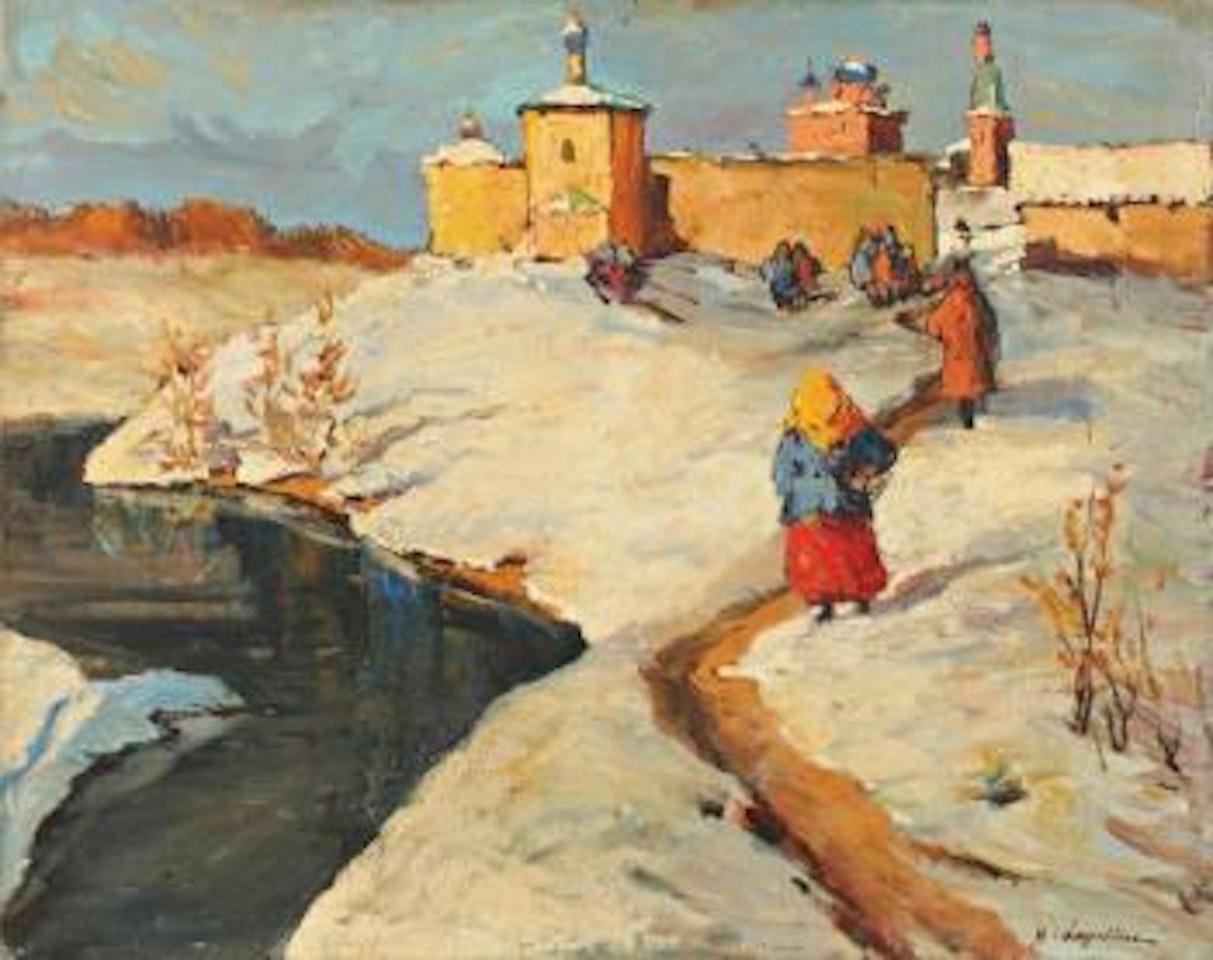 Village sous la neige by Georgij Aleksandrovic Lapschin