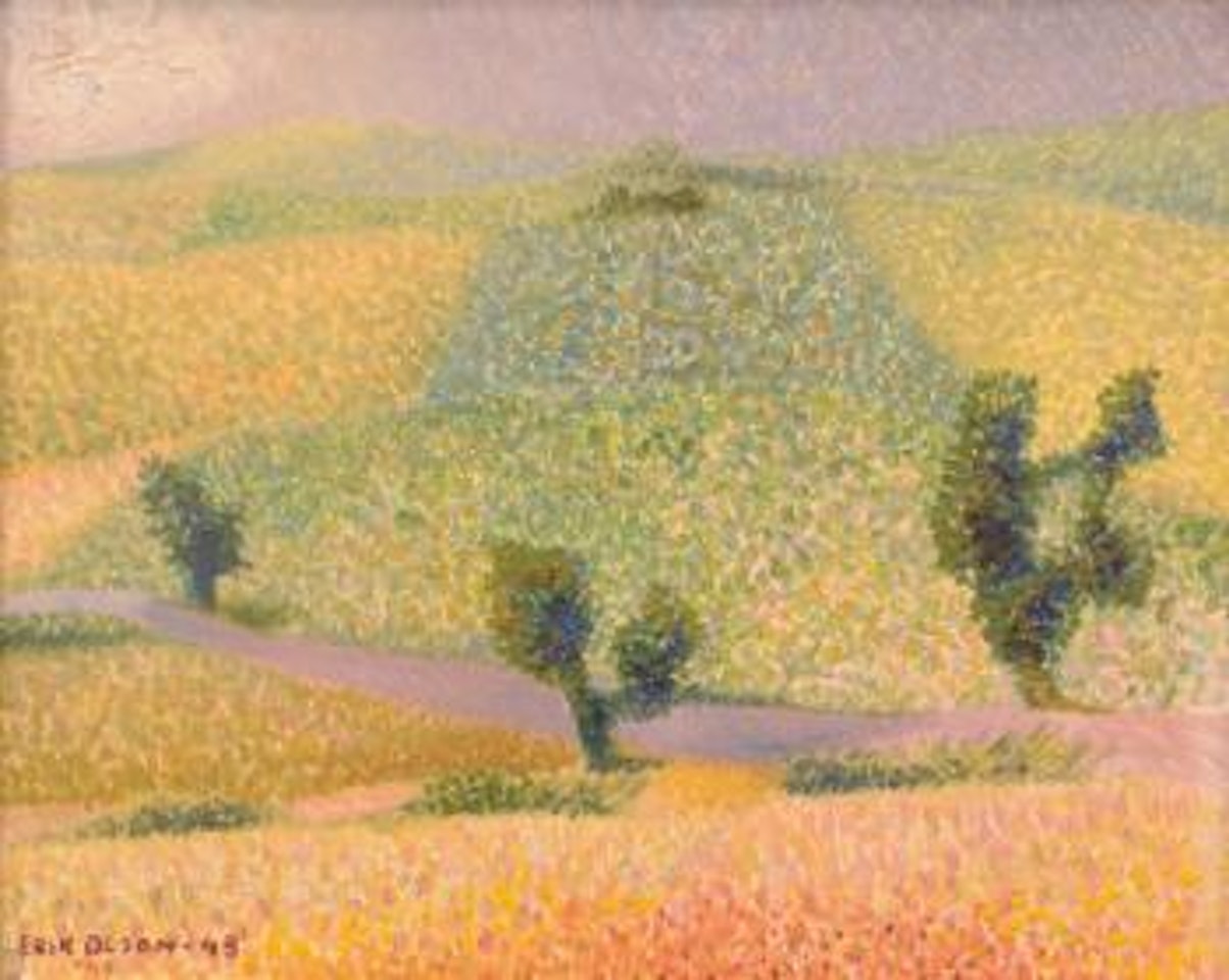 Landskap med gröna och gula fält by Erik Olson