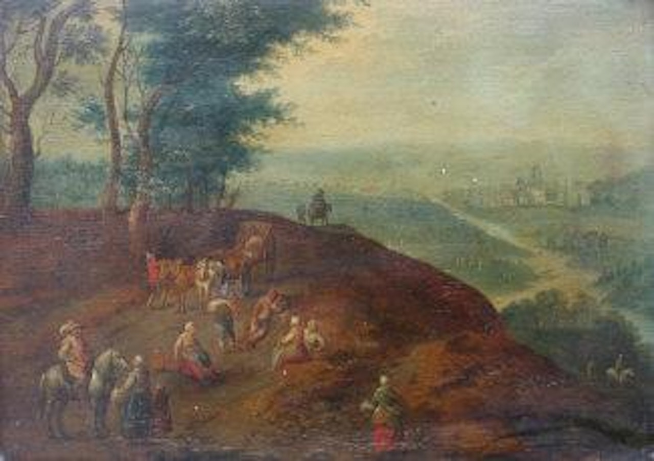Landscape with travellers resting on a track in foreground, with town beyond by Jan Brueghel the Younger