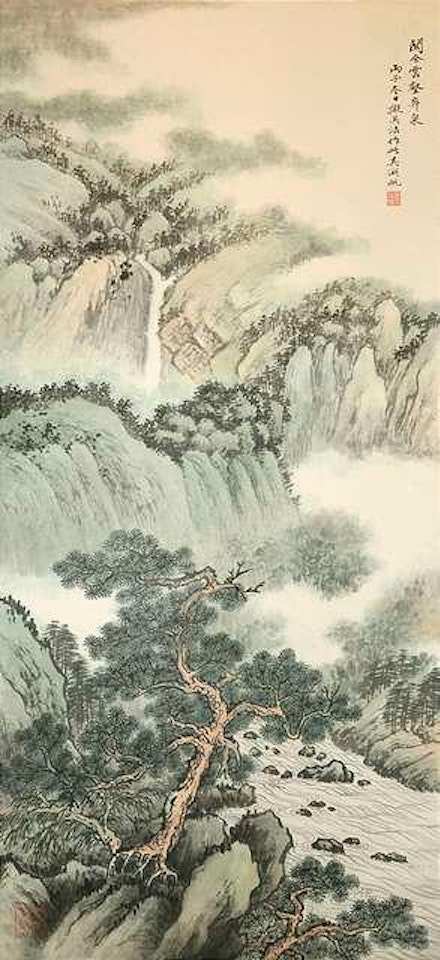 Mountain ranges and waterfall in clouds by Wu Hufan