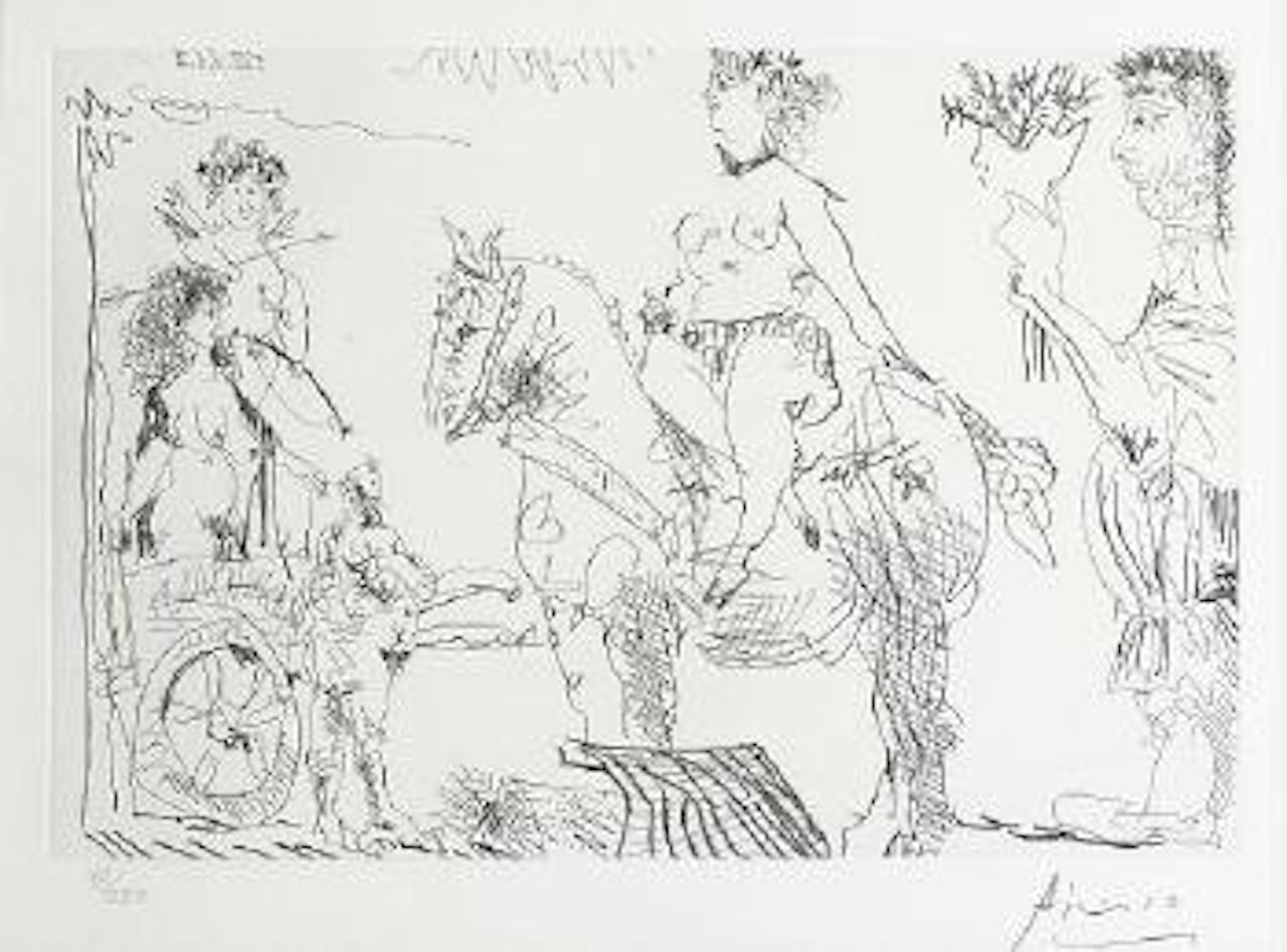 ScÃ¨ne de thÃ©Ã¢tre: Amazone, VÃ©nus de foire, homme au bouquet, Pl. II, from Le Cocu magnifique (B.1245; Ba. 1433; C. bk. 140) by Pablo Picasso