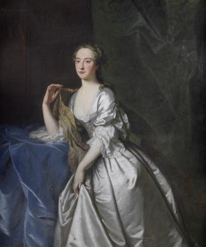 Portrait of a lady, said to be Anna, Countess Temple (1709-1777), three-quarter-length, in a white silk dress by Thomas Hudson
