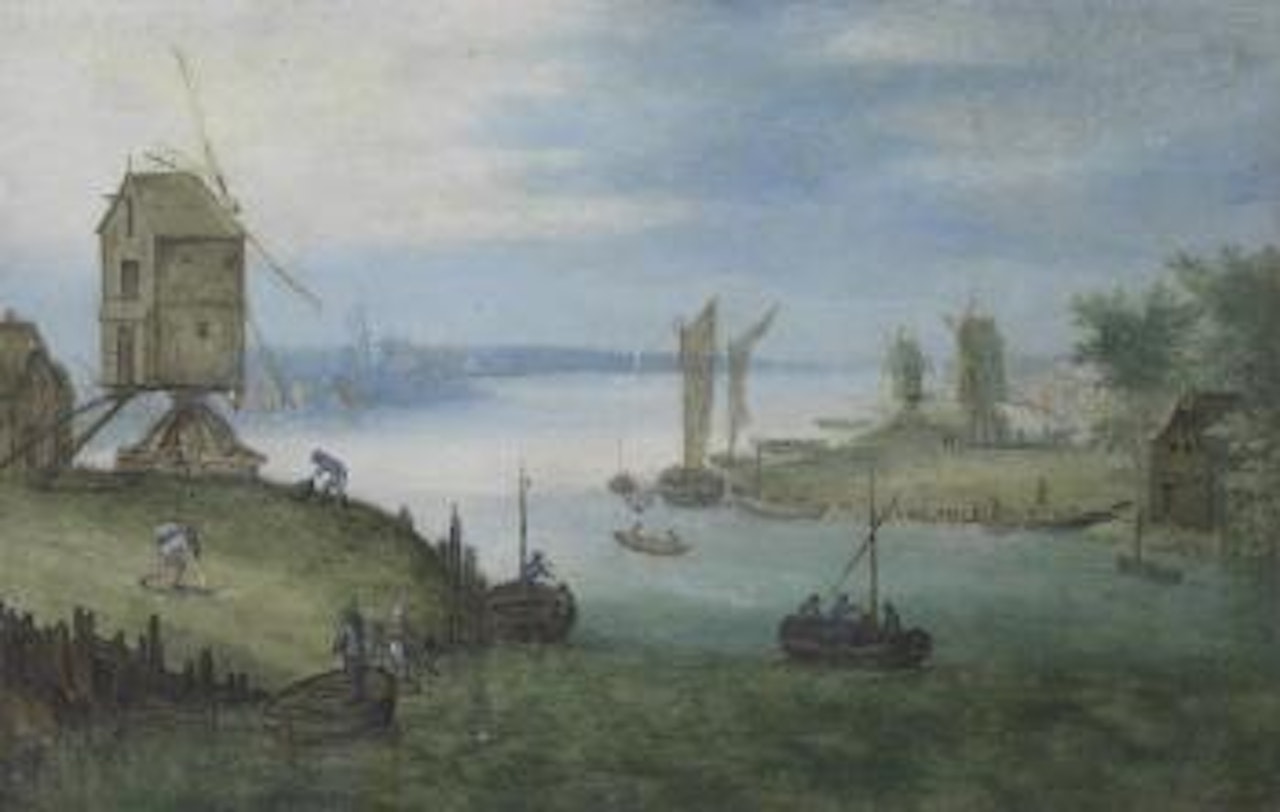 A river landscape with windmills by Jan Brueghel the Younger
