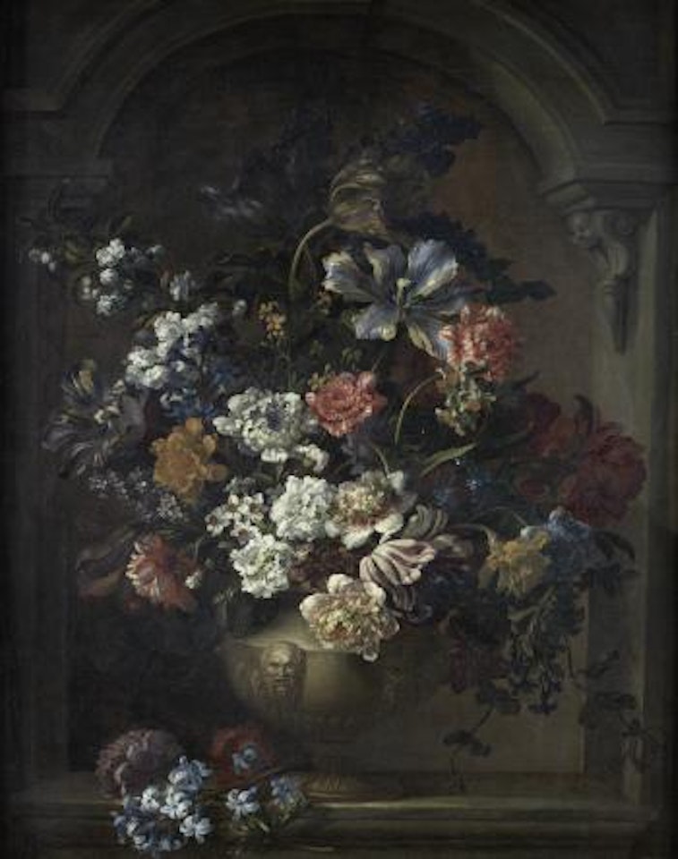 Peonies, tulips, narcissi, honeysuckle and other flowers in a classical urn, before a stone niche by Jean Baptiste Monnoyer