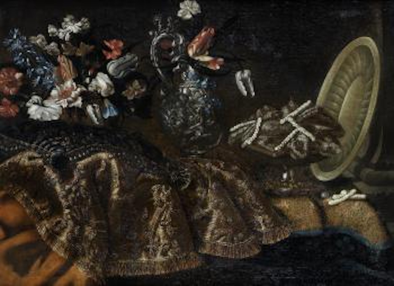 Tulips, convolvulus, carnations and other flowers in a basket with a silver-gilt ewer and a dish of sweetmeats on a table-top draped with rugs by Giuseppe Recco
