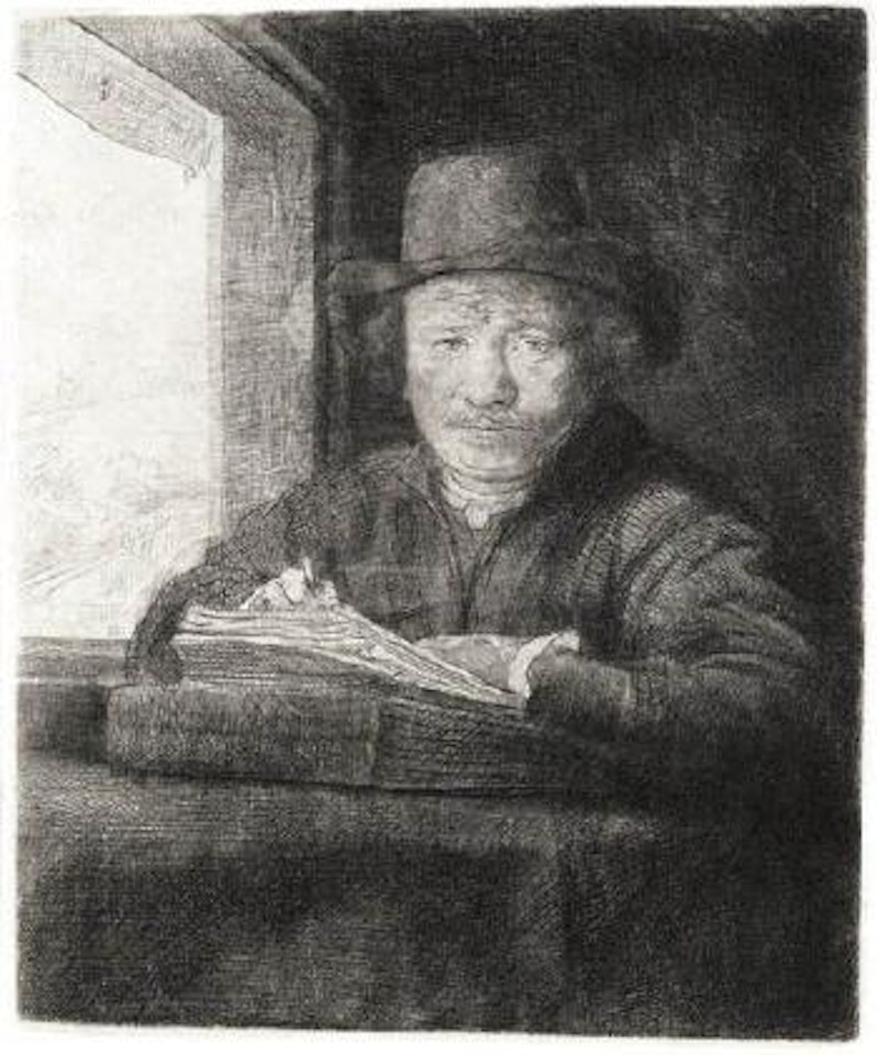 Self portrait drawing at a window by Attributed to Rembrandt Harmensz van Rijn