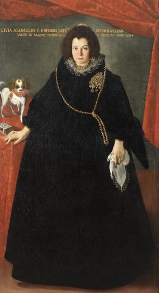Portrait of a lady, full-length, in a black dress with a gold chain and brooch, a white handkerchief in her left hand, standing beside a lap dog and a sliver-bound prayer book on a table draped with a red cloth by Pier Francesco Cittadini