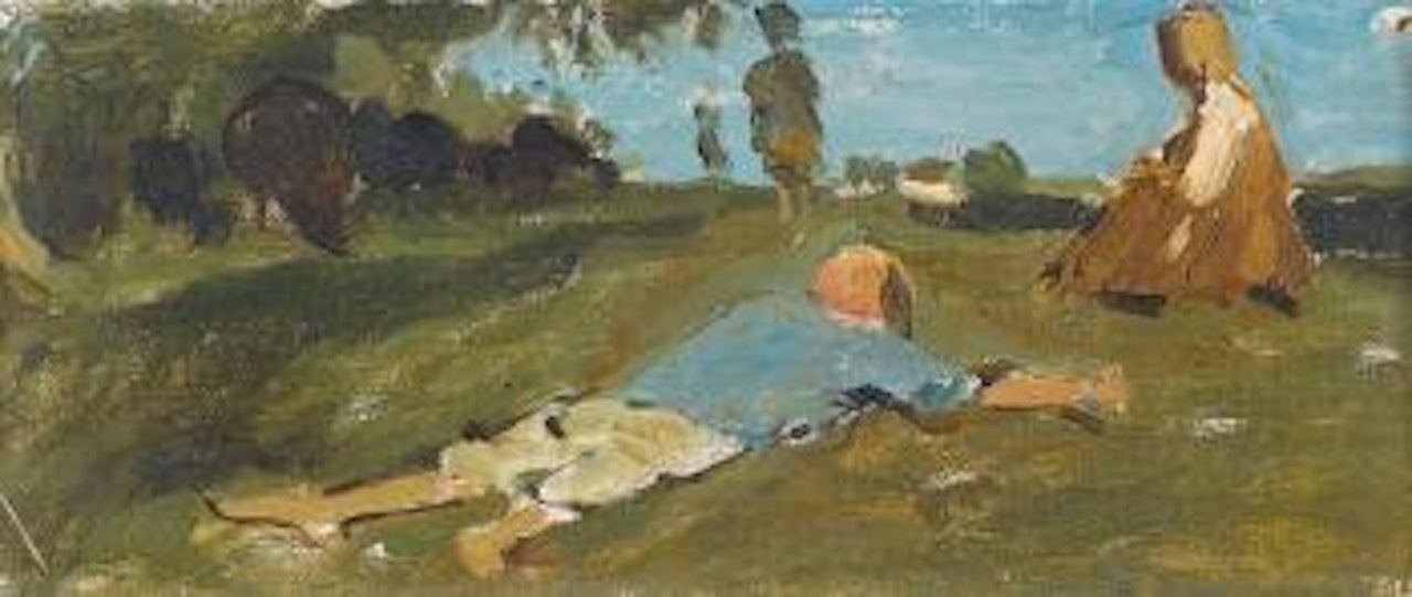 Kinder auf Wiese. by Albert Anker
