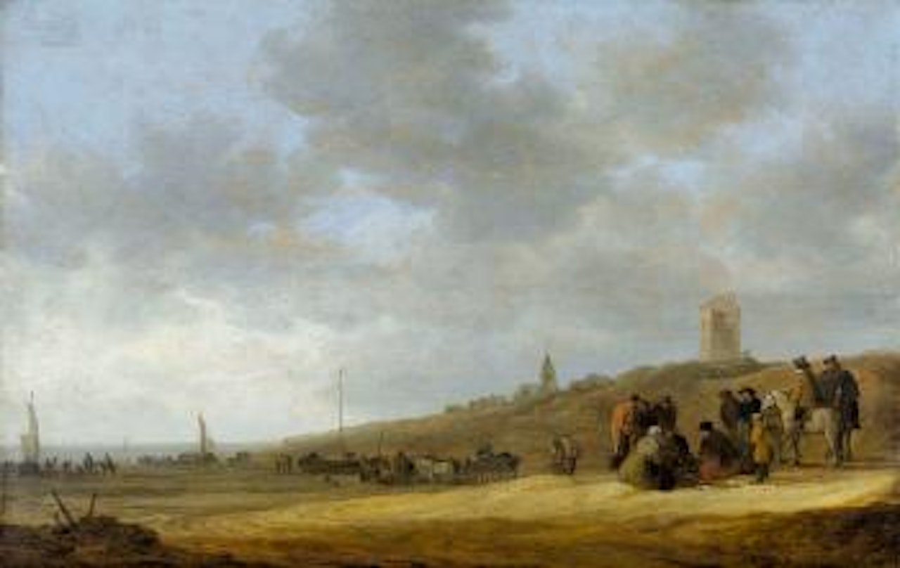 Weite Dünenlandschaft mit Staffage und Kirche im Hintergrund by Jan van Goyen