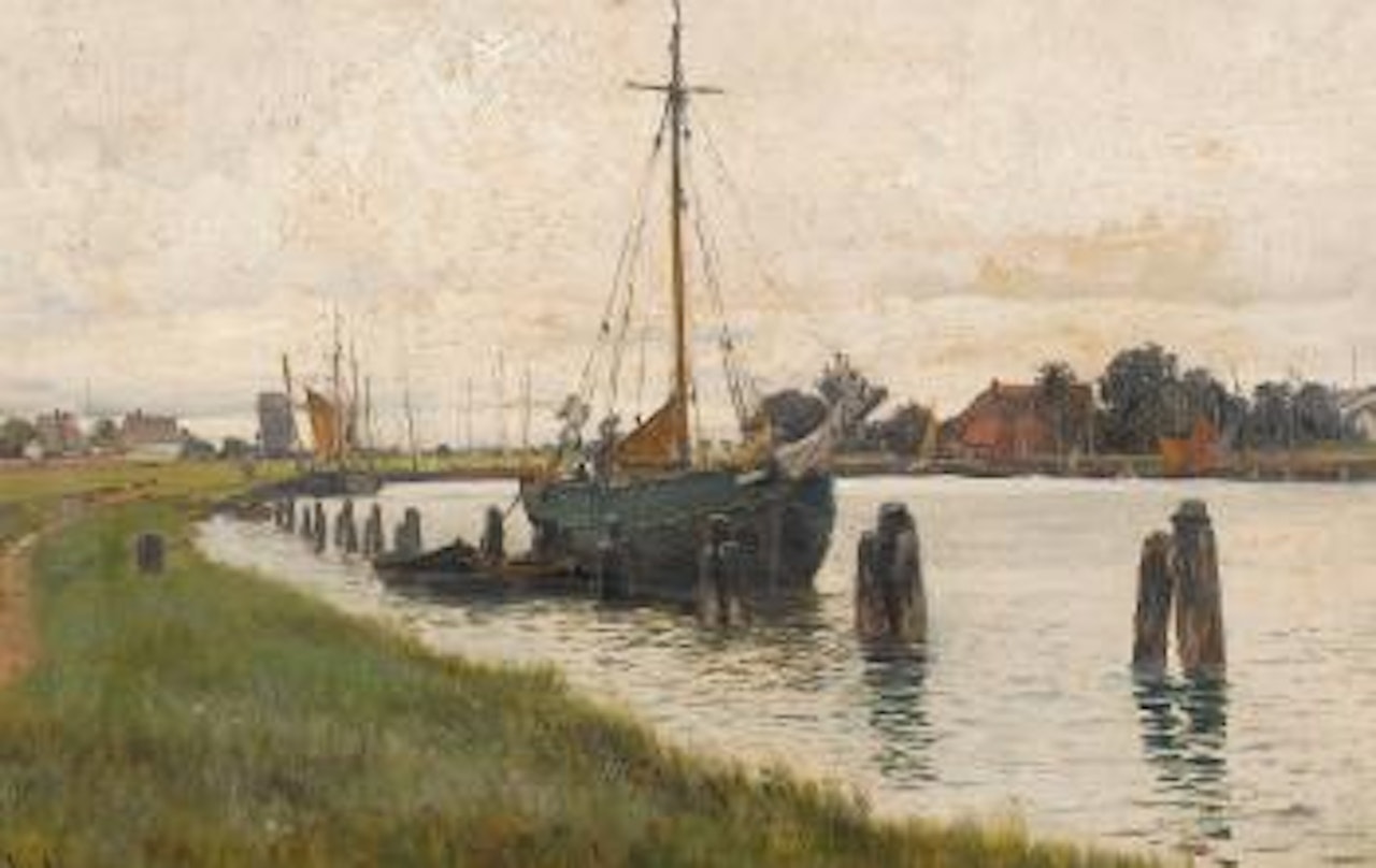 Flussufer mit Segelschiff in Norddeutschland. by Walter Moras