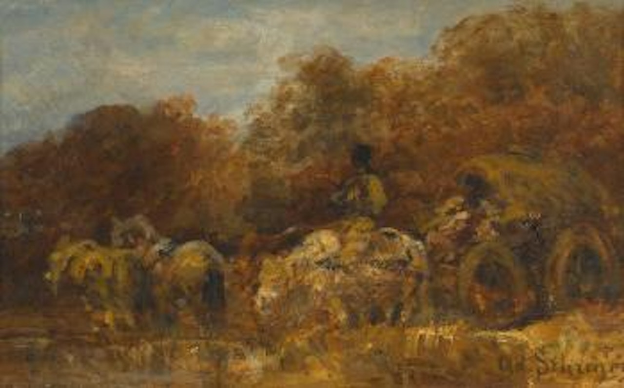 Walachisches Fuhrwerk am Waldrand. by Adolf Schreyer