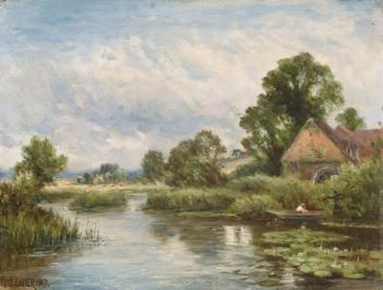 Flussuferpartie mit alter Mühle. by Benjamin Williams Leader