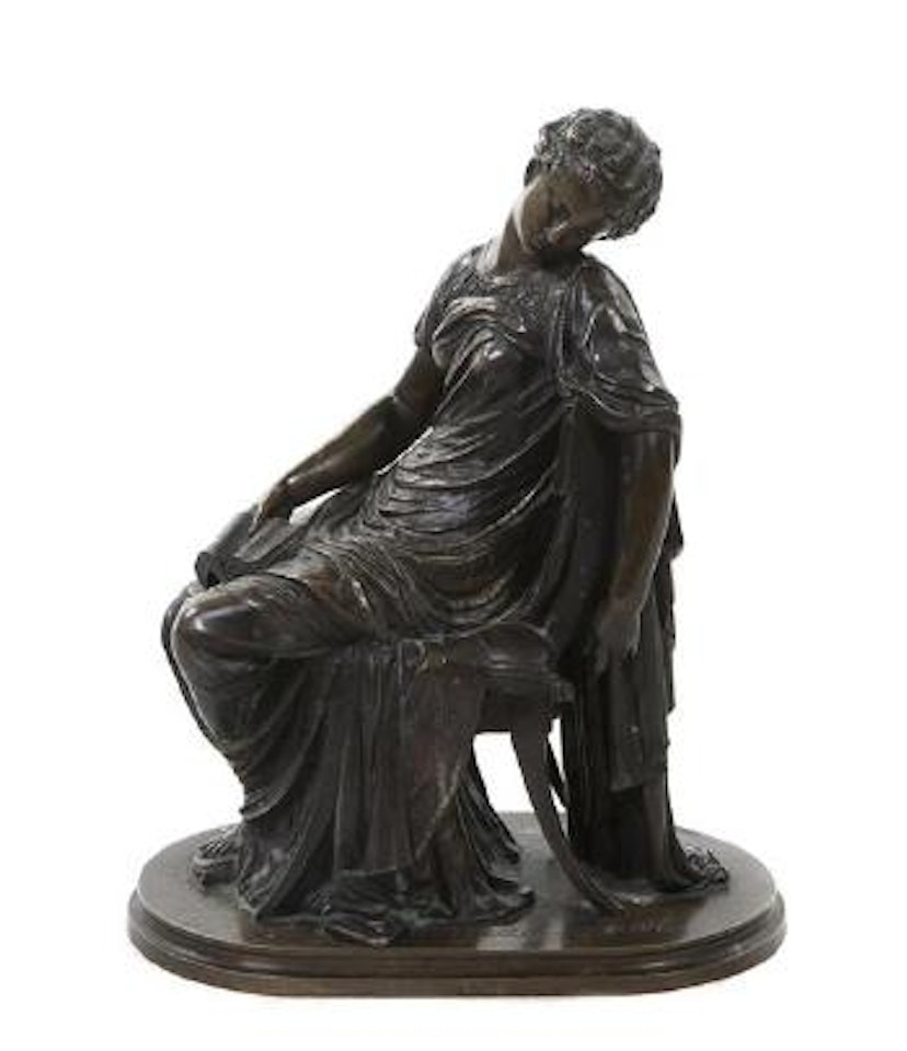 Classically robed female seated in chair with books by Mathurin Moreau