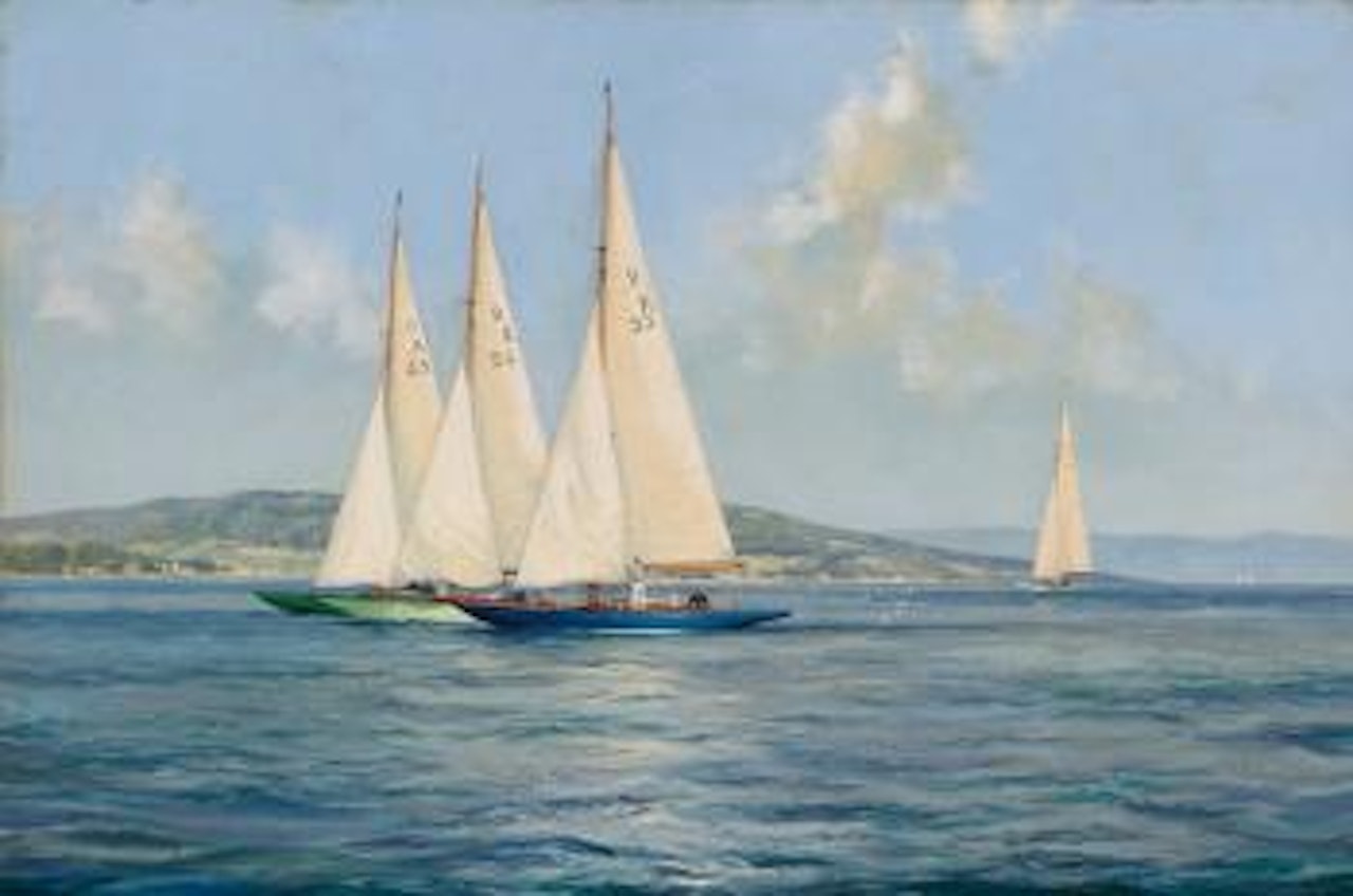 Gay Dragons; Dragon Class Yachts Jockeying For The Start On The River Clyde, Scotland by Montague Dawson