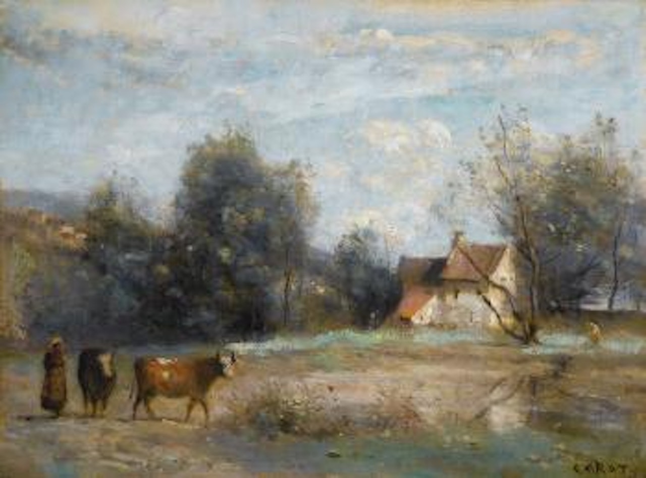 Luzancy, Petites Maisons De Paysans Au Bord De L'eau by Jean Baptiste Camille Corot